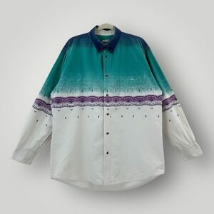 Vintage Express Rider Shirt Mens Large Beige Blue Southwest Western Aztec Cowboy